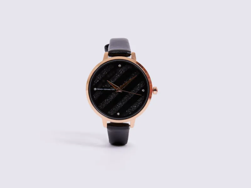 FRENCH CONNECTION Jewellery | Women's Watches< Leather Strap Watch with Glitter Dial Black