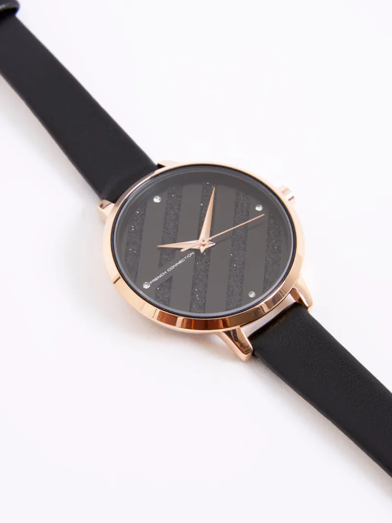 FRENCH CONNECTION Jewellery | Women's Watches< Leather Strap Watch with Glitter Dial Black