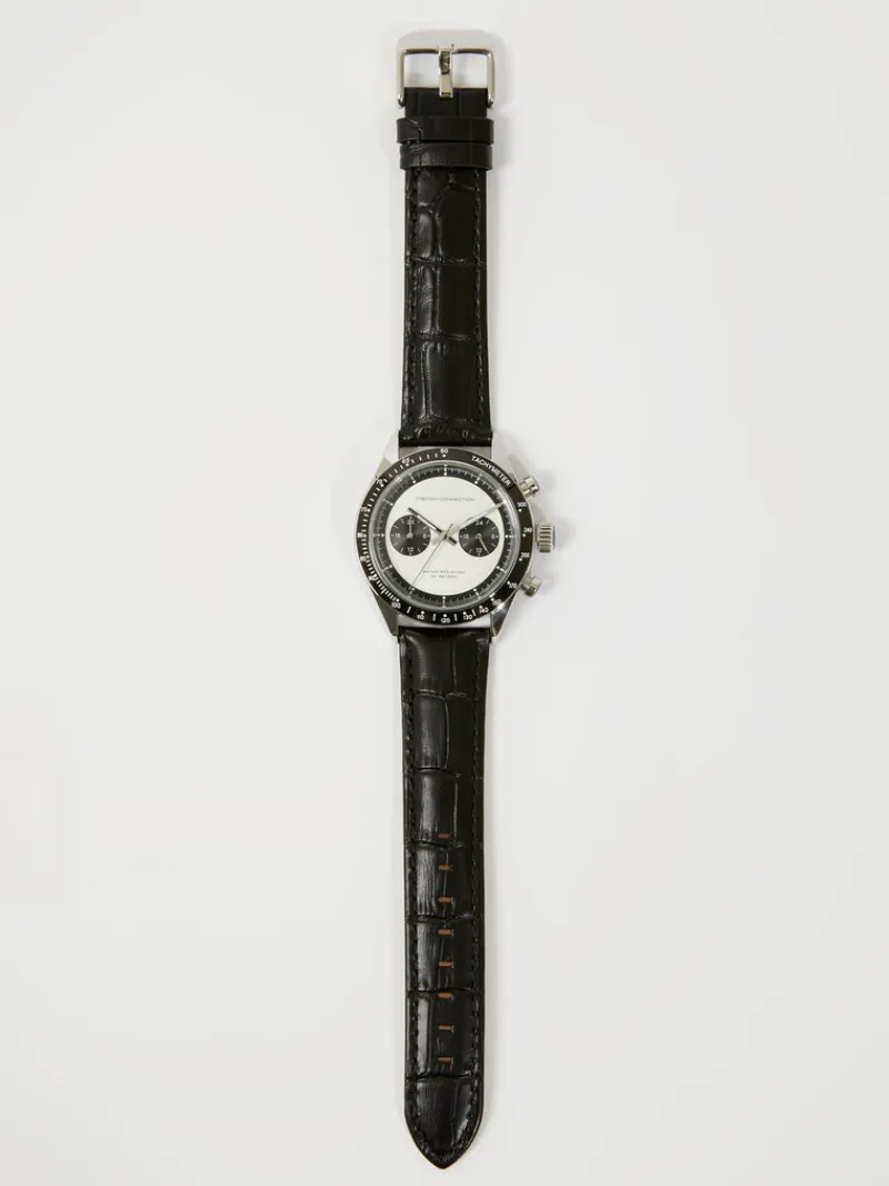 FRENCH CONNECTION Men's Watches< Leather Strap Watch with White Dial Black