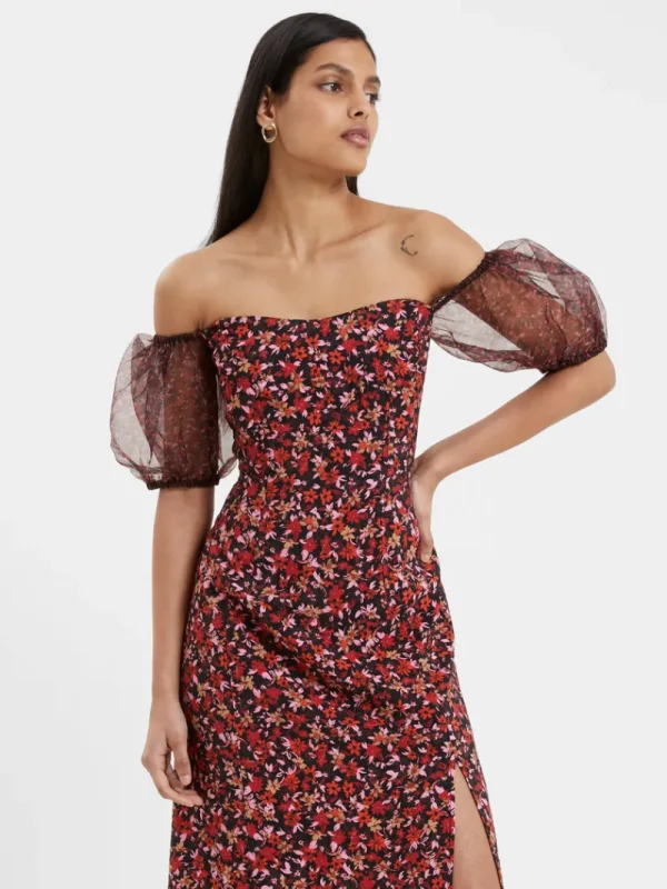 FRENCH CONNECTION Day Dresses | Wedding Guest Dresses<Clara Flavia Bardot Organza Puff Sleeve Dress Blackout