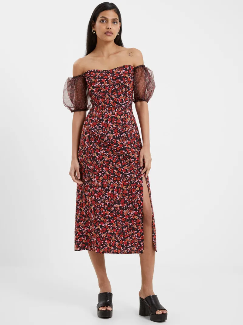 FRENCH CONNECTION Day Dresses | Wedding Guest Dresses<Clara Flavia Bardot Organza Puff Sleeve Dress Blackout