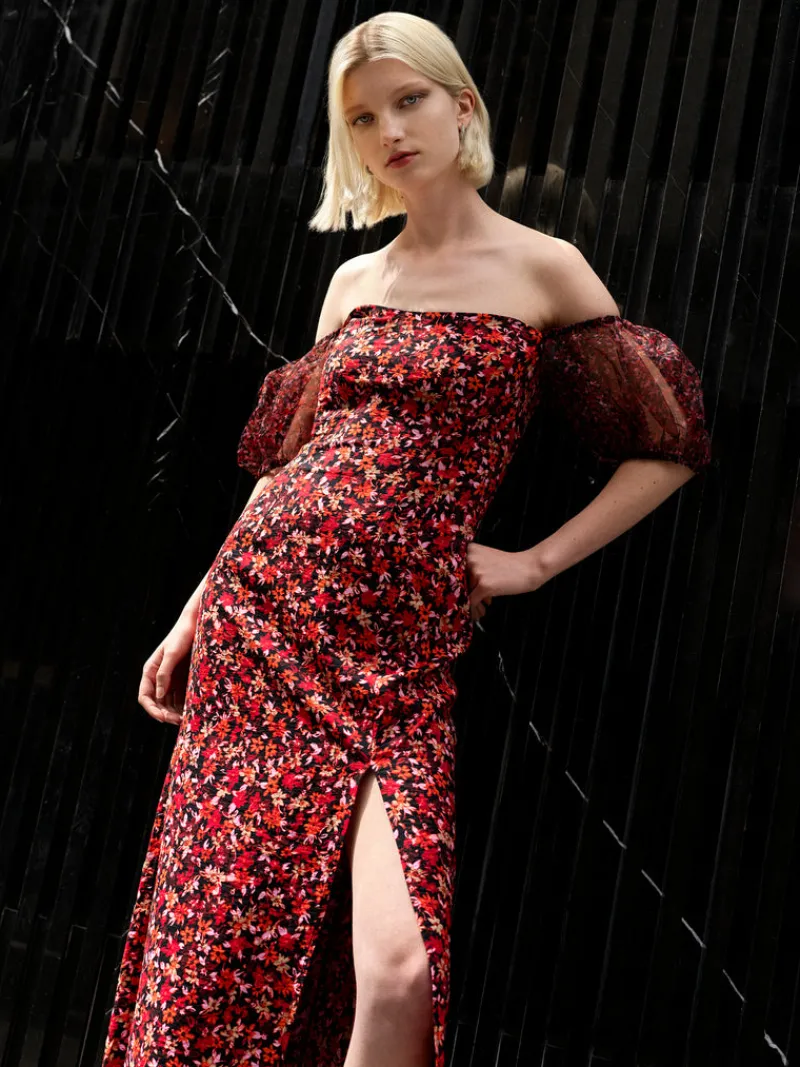 FRENCH CONNECTION Day Dresses | Wedding Guest Dresses<Clara Flavia Bardot Organza Puff Sleeve Dress Blackout