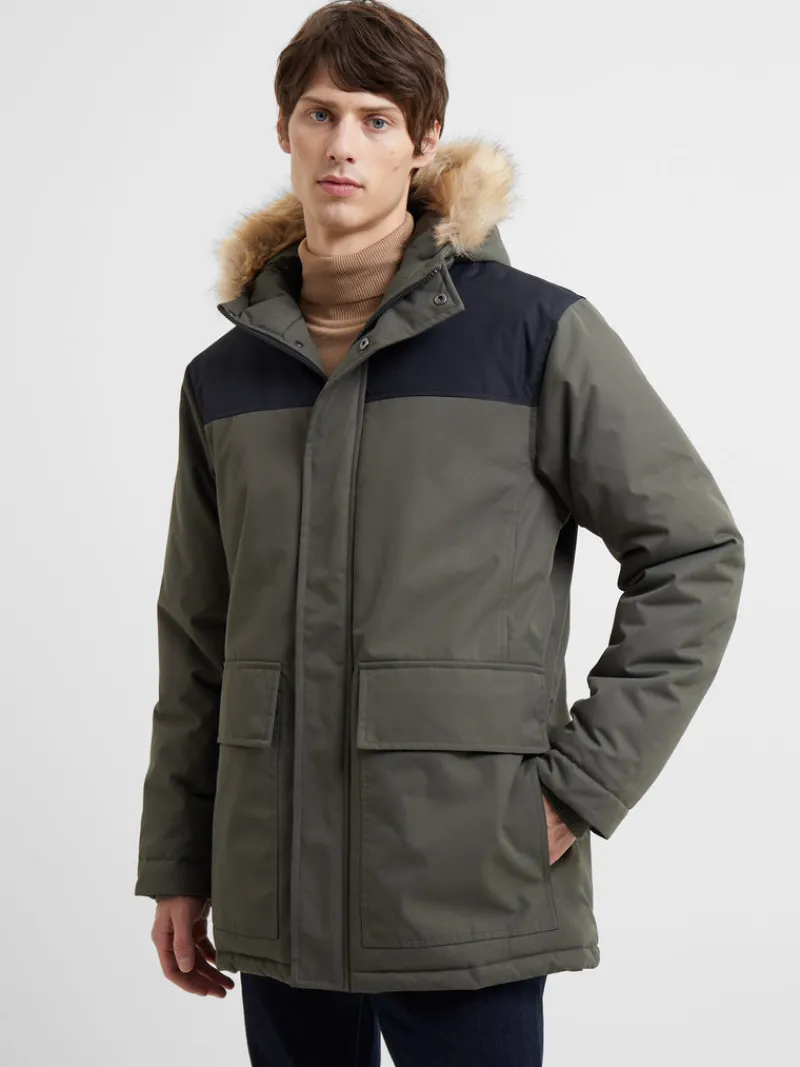 FRENCH CONNECTION Coats & Jackets<Contrast Faux Fur Trim Parka Coat Black/Khaki