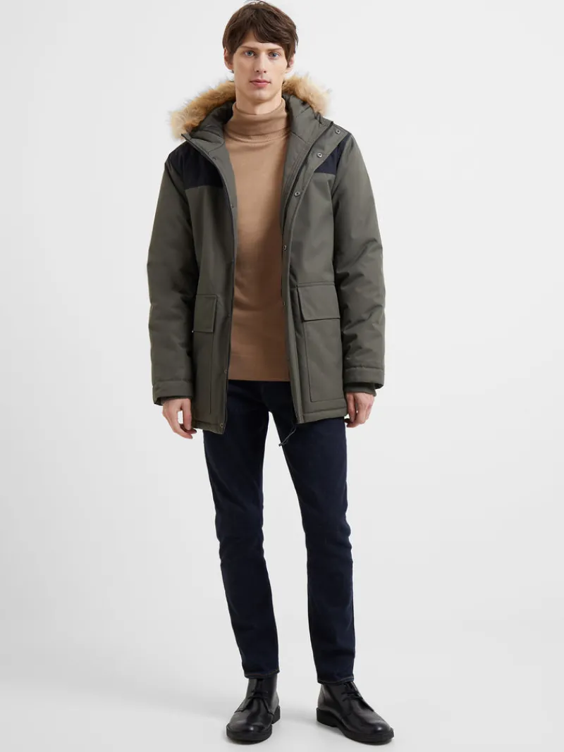 FRENCH CONNECTION Coats & Jackets<Contrast Faux Fur Trim Parka Coat Black/Khaki
