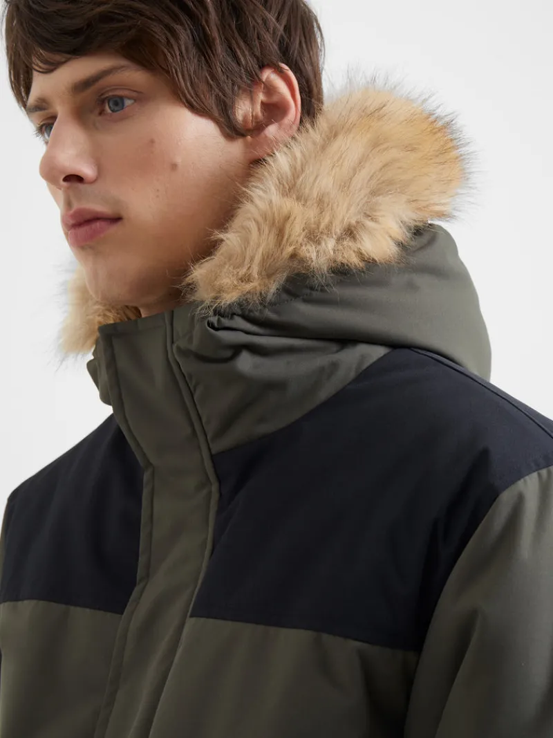 FRENCH CONNECTION Coats & Jackets<Contrast Faux Fur Trim Parka Coat Black/Khaki