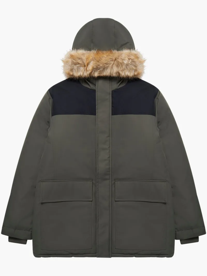 FRENCH CONNECTION Coats & Jackets<Contrast Faux Fur Trim Parka Coat Black/Khaki