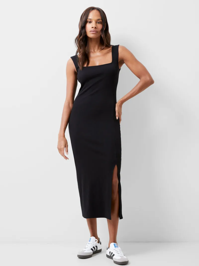 FRENCH CONNECTION Midi Dresses | Black Dresses | Dresses<Rassia Rib Square Neck Midi Dress Blackout